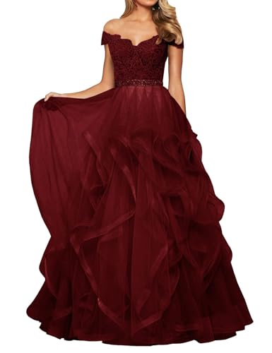 SPSMOKH Abendkleid Tüll Lang Damen Spitze Ballkleid Schulterfrei A-Linie Prinzessin Abschluss Ballkleider V-Ausschnitt (Burgund, 32) von SPSMOKH