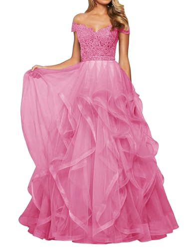 SPSMOKH Abendkleid Tüll Lang Damen Spitze Ballkleid Schulterfrei A-Linie Prinzessin Abschluss Ballkleider V-Ausschnitt (Deep Pink, 20) von SPSMOKH