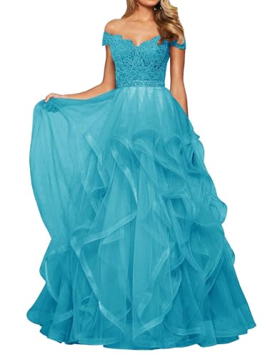 SPSMOKH Abendkleid Tüll Lang Damen Spitze Ballkleid Schulterfrei A-Linie Prinzessin Abschluss Ballkleider V-Ausschnitt (Dunkles Becken, 30) von SPSMOKH