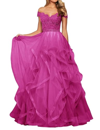 SPSMOKH Abendkleid Tüll Lang Damen Spitze Ballkleid Schulterfrei A-Linie Prinzessin Abschluss Ballkleider V-Ausschnitt (Fuchsia, 18) von SPSMOKH