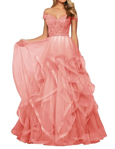 SPSMOKH Abendkleid Tüll Lang Damen Spitze Ballkleid Schulterfrei A-Linie Prinzessin Abschluss Ballkleider V-Ausschnitt (Helles Pfirsich, 20) von SPSMOKH