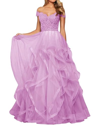 SPSMOKH Abendkleid Tüll Lang Damen Spitze Ballkleid Schulterfrei A-Linie Prinzessin Abschluss Ballkleider V-Ausschnitt (Lavendel, 24) von SPSMOKH