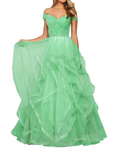 SPSMOKH Abendkleid Tüll Lang Damen Spitze Ballkleid Schulterfrei A-Linie Prinzessin Abschluss Ballkleider V-Ausschnitt (Mint, 10) von SPSMOKH