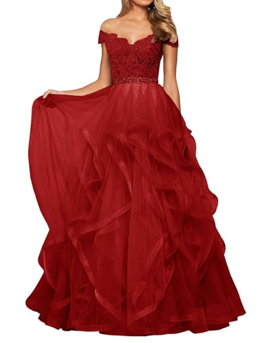 SPSMOKH Abendkleid Tüll Lang Damen Spitze Ballkleid Schulterfrei A-Linie Prinzessin Abschluss Ballkleider V-Ausschnitt (Weinrot, 12) von SPSMOKH