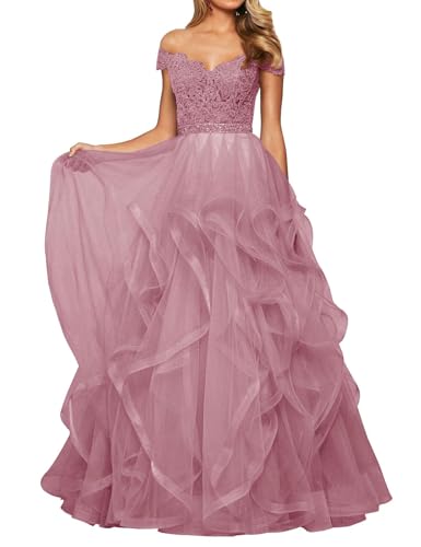 SPSMOKH Abendkleid Tüll Lang Damen Spitze Ballkleid Schulterfrei A-Linie Prinzessin Graduation Ballkleider V-Ausschnitt (Rose (Dusty Rose), 12) von SPSMOKH