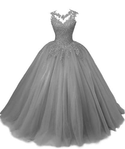 SPSMOKH Ballkleider, lang, Spitze, Tüll, Quinceanera-Kleid, A-Linie, Prinzessinnenkleid, Abschlussballkleid, Mädchen, Abendparty, Kleid (Grau, 12) von SPSMOKH