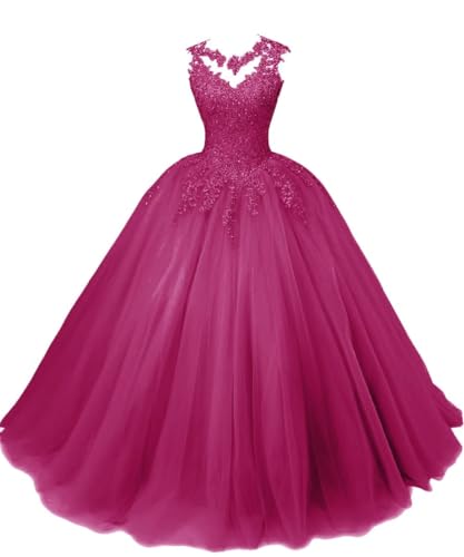 SPSMOKH Ballkleider Lange Spitze Tüll Quinceanera Kleid A-Linie Prinzessin Abschlussball Kleid Mädchen Abend Party Kleid (Fuchsia, 26) von SPSMOKH