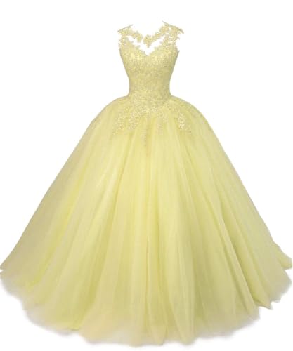 SPSMOKH Ballkleider Lange Spitze Tüll Quinceanera Kleid A-Linie Prinzessin Abschlussball Kleid Mädchen Abend Party Kleider (Gelb, 6) von SPSMOKH