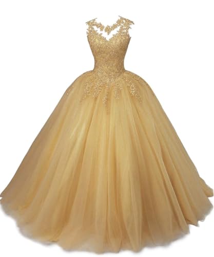 SPSMOKH Ballkleider Lange Spitze Tüll Quinceanera Kleid A-Linie Prinzessin Abschlussball Kleid Mädchen Abend Party Kleider (Gold, 30) von SPSMOKH