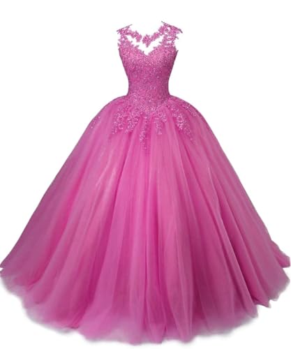 SPSMOKH Ballkleider Lange Spitze Tüll Quinceanera Kleid A-Linie Prinzessin Abschlussball Kleid Mädchen Abend Party Kleider (Hot Pink, 16) von SPSMOKH