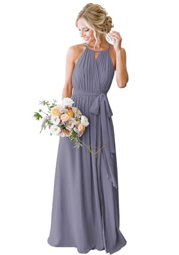 SPSMOKH Brautjungfernkleider aus Chiffon für Damen, Langes formelles Kleid mit Schlitz für Hochzeit (Sturmblau, 16) von SPSMOKH