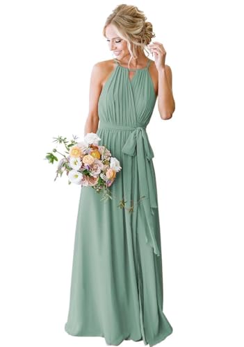 SPSMOKH Chiffon-Brautjungfernkleider für Damen, Hochzeit, mit Schlitz, langes formelles Kleid (Pastellgrün, 20) von SPSMOKH