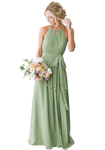 SPSMOKH Chiffon-Brautjungfernkleider für Damen, Hochzeit, mit Schlitz, langes formelles Kleid (Salbeigrün, 14) von SPSMOKH