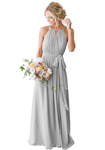 SPSMOKH Chiffon-Brautjungfernkleider für Damen, Hochzeit, mit Schlitz, langes formelles Kleid (Silber, 16) von SPSMOKH