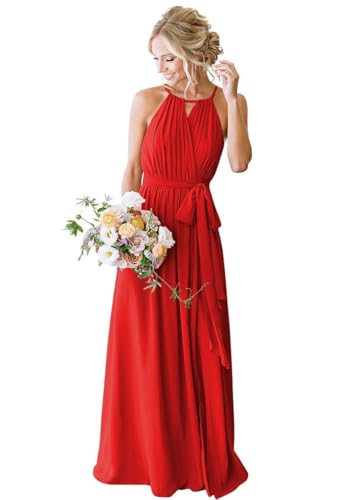 SPSMOKH Chiffon-Brautjungfernkleider für Damen, Hochzeit mit Schlitz, langes formelles Kleid (Rot, 28) von SPSMOKH