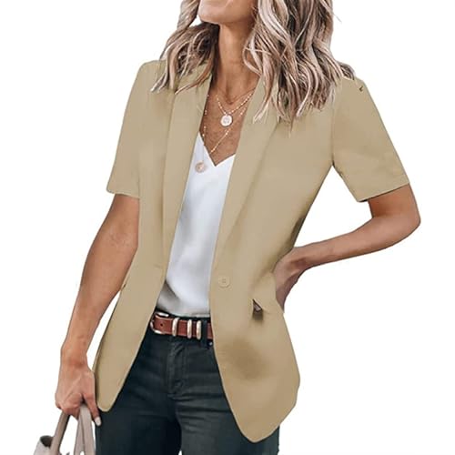 SPSMOKH Damen-Blazer, kurzärmelig, vorne offen, Übergröße, leicht, Büro, Arbeitsanzug, Boyfriend (Khaki, 3XL) von SPSMOKH