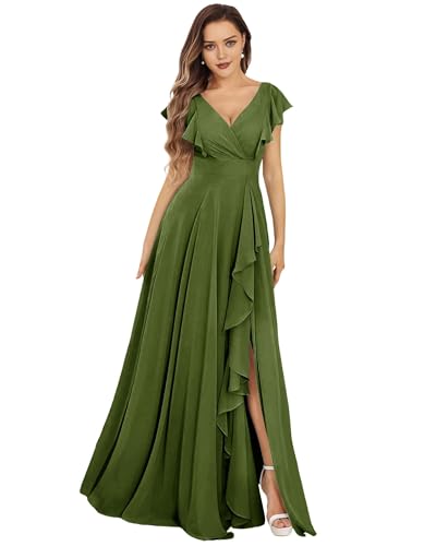 SPSMOKH Damen Brautjungfernkleider Lang Chiffon Abendkleid mit Schlitz V-Ausschnitt Hochzeitsgast Kleid (Dunkelolivgrün, 16) von SPSMOKH