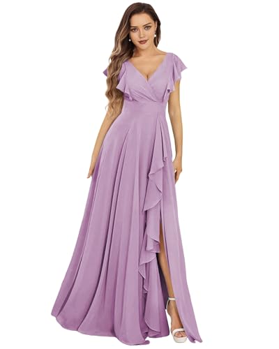 SPSMOKH Damen Brautjungfernkleider Lang Chiffon Abendkleid mit Schlitz V-Ausschnitt Hochzeitsgast Kleid (Dunkelviolett, 12) von SPSMOKH