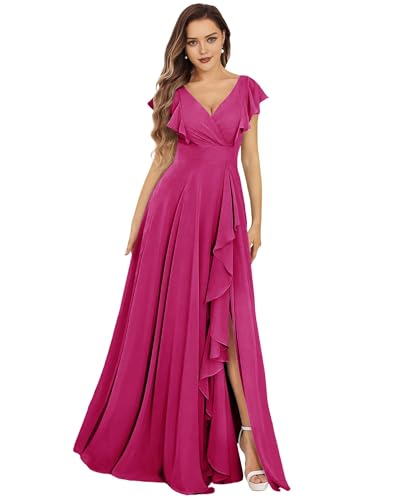 SPSMOKH Damen Brautjungfernkleider Lang Chiffon Abendkleid mit Schlitz V-Ausschnitt Hochzeitsgast Kleid (Fuchsia, 26) von SPSMOKH