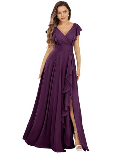 SPSMOKH Damen Brautjungfernkleider Lang Chiffon Abendkleid mit Schlitz V-Ausschnitt Hochzeitsgast Kleid (Grape, 22) von SPSMOKH