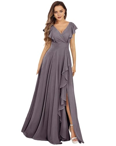 SPSMOKH Damen Brautjungfernkleider Lang Chiffon Abendkleid mit Schlitz V-Ausschnitt Hochzeitsgast Kleid (Grau, 18) von SPSMOKH