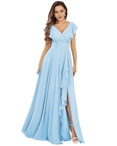 SPSMOKH Damen Brautjungfernkleider Lang Chiffon Abendkleid mit Schlitz V-Ausschnitt Hochzeitsgast Kleid (Hellblau, 30) von SPSMOKH