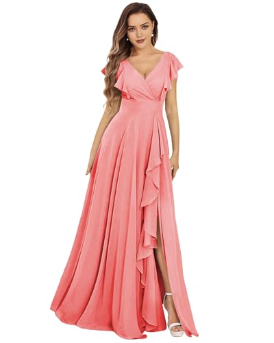 SPSMOKH Damen Brautjungfernkleider Lang Chiffon Abendkleid mit Schlitz V-Ausschnitt Hochzeitsgast Kleid (Koralle, 32) von SPSMOKH