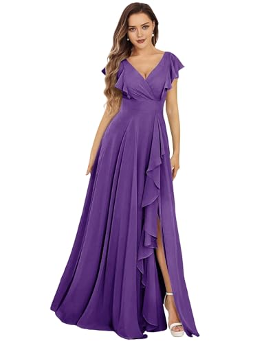 SPSMOKH Damen Brautjungfernkleider Lang Chiffon Abendkleid mit Schlitz V-Ausschnitt Hochzeitsgast Kleid (Lila, 18) von SPSMOKH