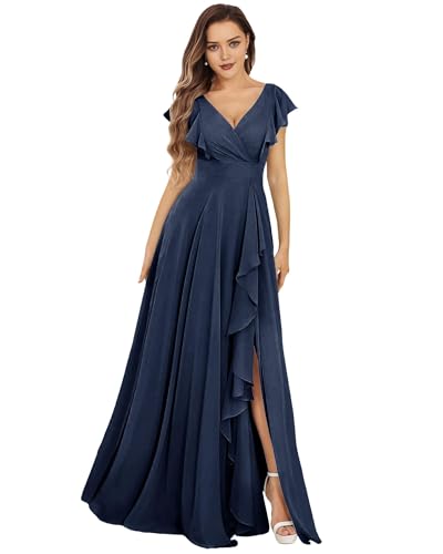 SPSMOKH Damen Brautjungfernkleider Lang Chiffon Abendkleid mit Schlitz V-Ausschnitt Hochzeitsgast Kleid (Navy, 32) von SPSMOKH