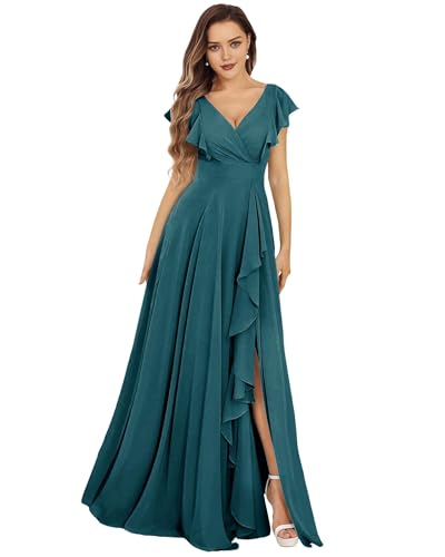 SPSMOKH Damen Brautjungfernkleider Lang Chiffon Abendkleid mit Schlitz V-Ausschnitt Hochzeitsgast Kleid (Pfau, 20) von SPSMOKH