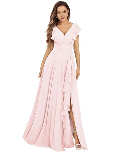 SPSMOKH Damen Brautjungfernkleider Lang Chiffon Abendkleid mit Schlitz V-Ausschnitt Hochzeitsgast Kleid (Rosa, 28) von SPSMOKH