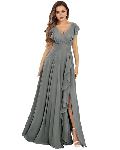 SPSMOKH Damen Brautjungfernkleider Lang Chiffon Abendkleid mit Schlitz V-Ausschnitt Hochzeitsgast Kleid (Stahlgrau, 12) von SPSMOKH