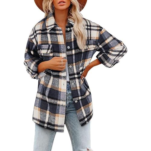 SPSMOKH Damen Hemdjacke Kariert Flanellhemd Holzfällerhemd Oversized Bluse Knopf Mantel Damen Kariertes Langarmhemd Karierte Jacke Damen Fleecehemd (Blau B, M) von SPSMOKH