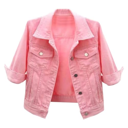 SPSMOKH Damen-Jeansjacke, 3/4-Ärmel, kurze Ärmel, leger, einfarbig, Vintage-Stil, kurze Jacke, Oberbekleidung (Rosa, XXL) von SPSMOKH