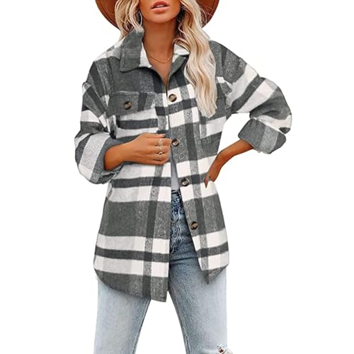 SPSMOKH Damen Kariertes Hemd Langarm Plaid Jacke Fleecehemd Flanell Oversized Hemdbluse Freizeithemd (Grau, L) von SPSMOKH