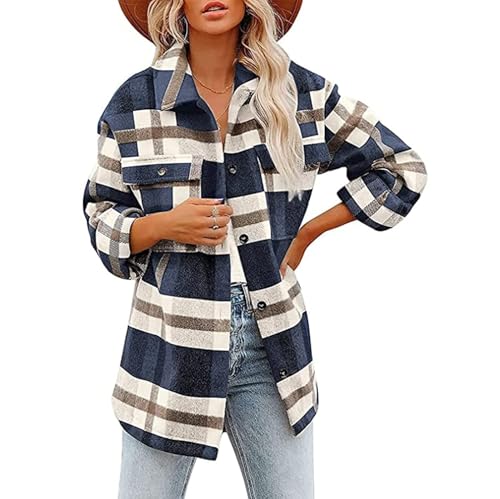 SPSMOKH Damen Kariertes Hemd Patchwork Plaid Kariertes Hemd Flanellhemd Lässige Bluse Oversized Hemdjacke Holzfällerhemd Langarmhemd Hemdbluse Blusenshirt (Blau B, M) von SPSMOKH