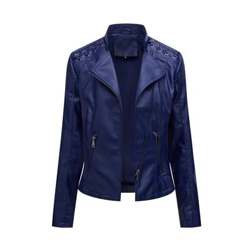 SPSMOKH Damen Kunstlederjacke Reißverschluss Lederjacke Motorradjacke Bikerjacke Übergangsjacke Outdoorjacke Slim Fit Moto Biker Kurzmantel (Blau, L) von SPSMOKH