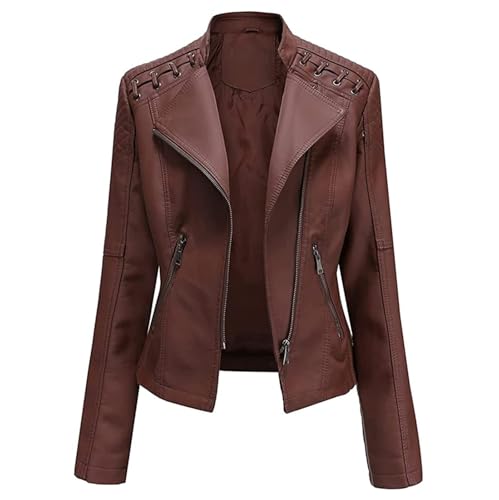 SPSMOKH Damen Kunstlederjacke Reißverschluss Lederjacke Motorradjacke Bikerjacke Übergangsjacke Outdoorjacke Slim Fit Moto Biker Kurzmantel (Braun, 3XL) von SPSMOKH