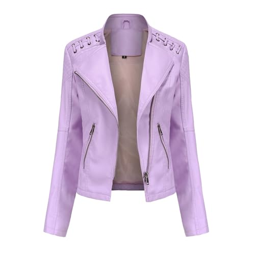 SPSMOKH Damen Kunstlederjacke Reißverschluss Lederjacke Motorradjacke Bikerjacke Übergangsjacke Outdoorjacke Slim Fit Moto Biker Kurzmantel (Lila 1, XL) von SPSMOKH