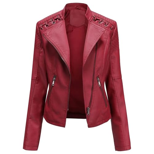 SPSMOKH Damen Kunstlederjacke Reißverschluss Lederjacke Motorradjacke Bikerjacke Übergangsjacke Outdoorjacke Slim Fit Moto Biker Kurzmantel (Rot, 3XL) von SPSMOKH