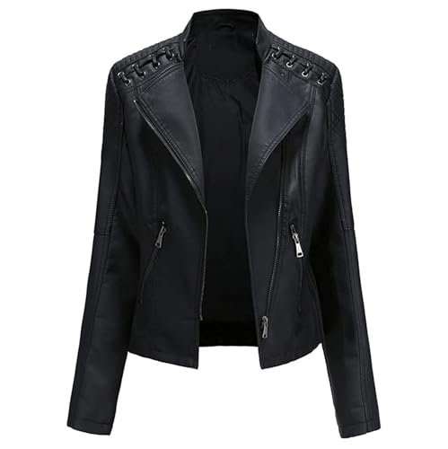 SPSMOKH Damen Kunstlederjacke Reißverschluss Lederjacke Motorradjacke Bikerjacke Übergangsjacke Outdoorjacke Slim Fit Moto Biker Kurzmantel (Schwarz, S) von SPSMOKH