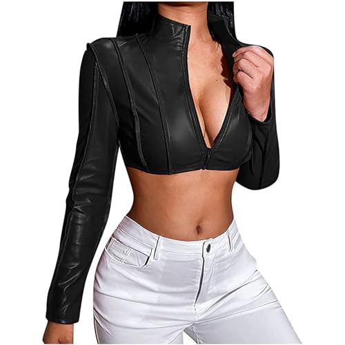 SPSMOKH Damen Kurze Lederjacke Slim Fit Biker-Stil Kunstlederjacke Crop Top Kurzmantel Bare Midriff Streetwear Nachtclub Outfit (Schwarz, L) von SPSMOKH