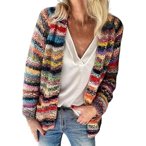 SPSMOKH Damen Regenbogen Cardigan Pullover Langarm Mehrfarbig Gestreift Pullover Vorne Offene Jacke Herbst Winter (Rot, M) von SPSMOKH