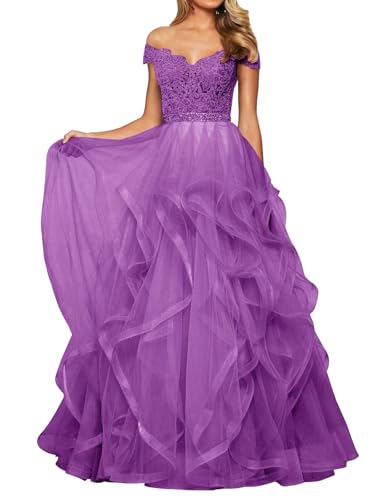 SPSMOKH Damen Tüll Abendkleid Lang Abendkleid Schulterfreies Ballkleid Prinzessin Abschlussballkleid V-Ausschnitt Hellviolett Größe 22 von SPSMOKH