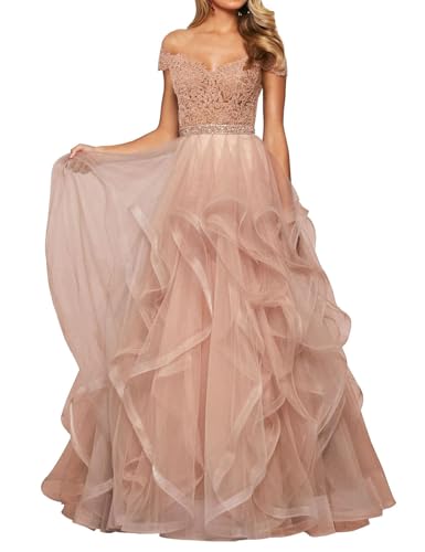 SPSMOKH Damen Tüll Abendkleid Lang Abendkleid Schulterfreies Ballkleid Prinzessin Ballkleid Abschlussballkleid V-Ausschnitt (Mokka, 16) von SPSMOKH