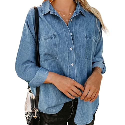 SPSMOKH Denim-Hemd für Damen, langärmelig, Knopfleiste, modisch, Frühling, Herbst, leichte Jeansjacke mit Taschen (Hellblau A, 3XL) von SPSMOKH