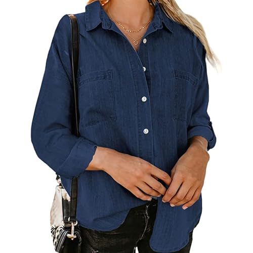 SPSMOKH Denim Shirt Damen Langarm Button Down Denim Bluse Mode Frühling Herbst Leichte Jeansjacke mit Taschen (Dunkelblau, M) von SPSMOKH