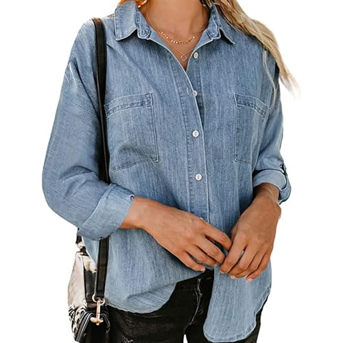 SPSMOKH Denim Shirt Damen Langarm Button Down Denim Bluse Mode Frühling Herbst Leichte Jeansjacke mit Taschen (Hellblau B, L) von SPSMOKH