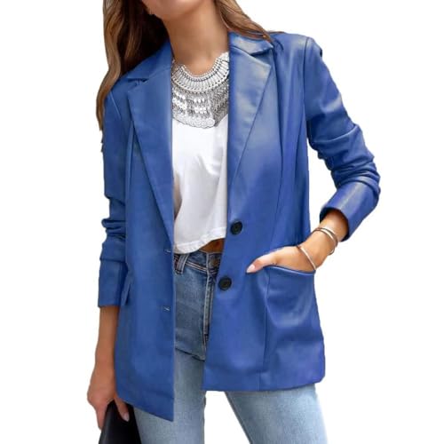 SPSMOKH Female Jacket Lederoptik Oversized Damenjacke Übergangsjacke Geknöpft Langarm Blazer Mantel mit Taschen (Dunkelblau, XL) von SPSMOKH