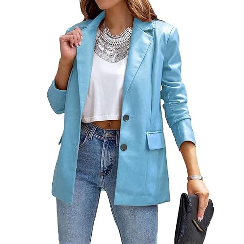 SPSMOKH Female Jacket Lederoptik Oversized Damenjacke Übergangsjacke Geknöpft Langarm Blazer Mantel mit Taschen (Hellblau, XXL) von SPSMOKH